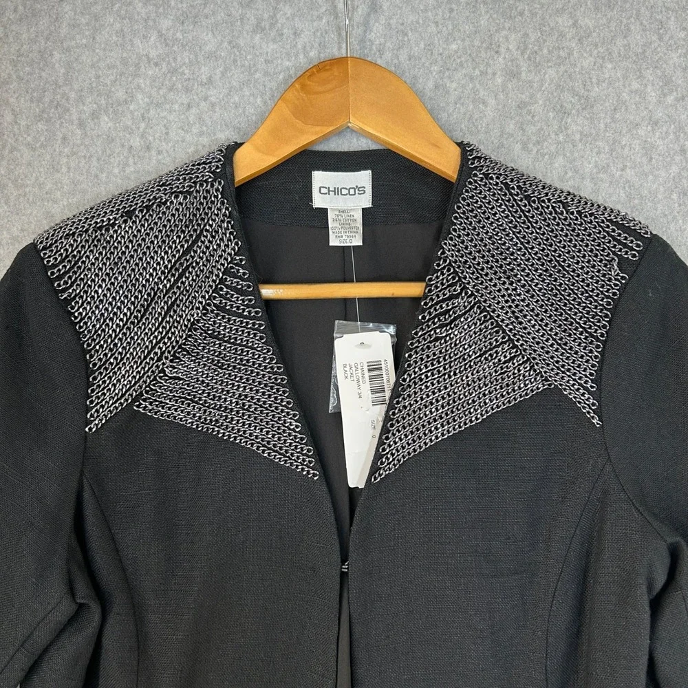 Chicos Chained Galloway 3/4 Jacket Black Linen Blend Silver Chain Size 0 / S NWT